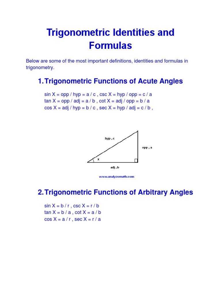 Trigonometric Identities And Formulas V2 0 Trigonometric Functions Sine