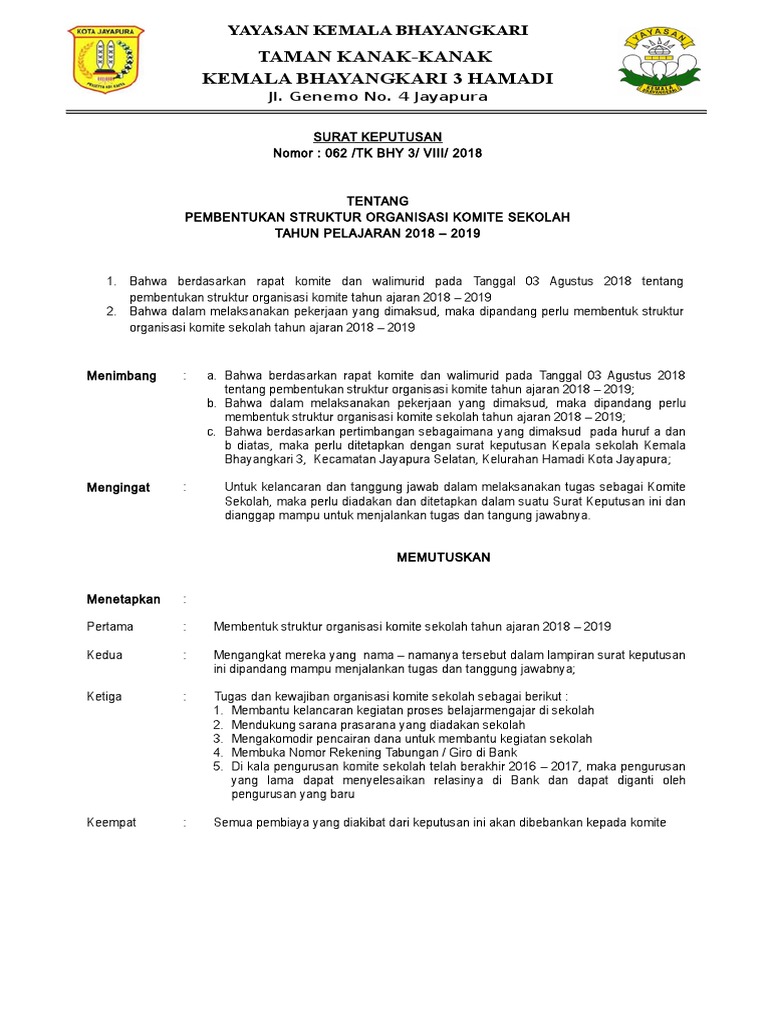 Sk Komite Sekolah Tk Kb Iii 2018 2019 Kabid Kota Jpr Ok