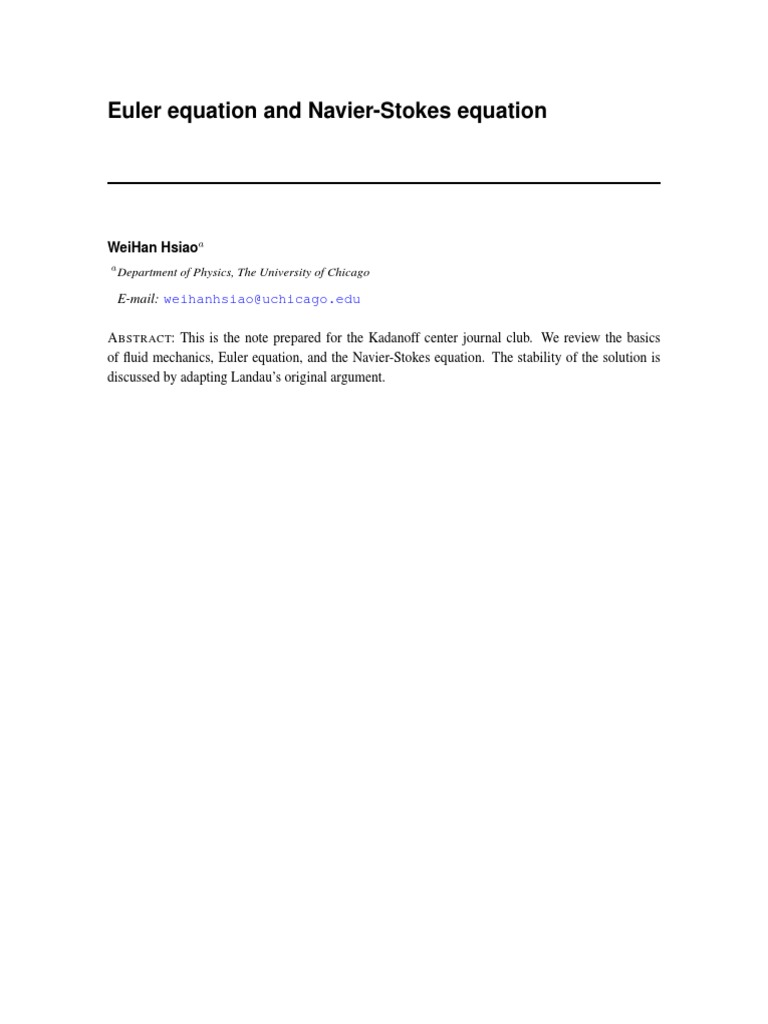 An Introduction to the Euler and NavierStokes Equations for Fluid