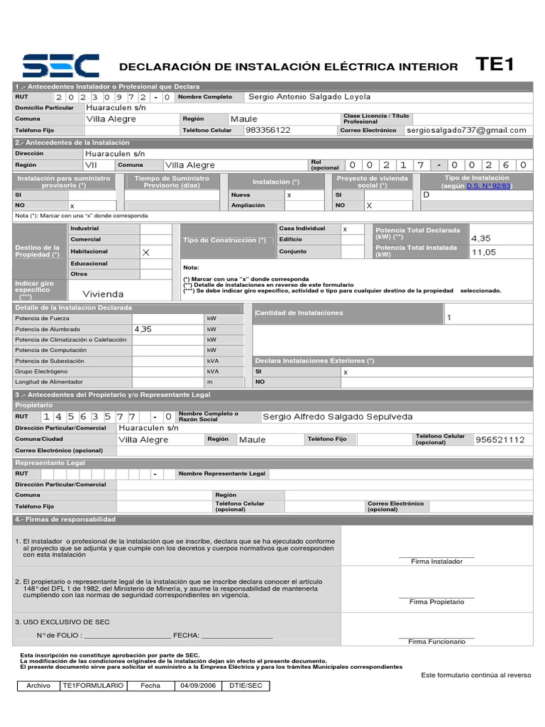 Declaración TE1 de Instalación Eléctrica | PDF
