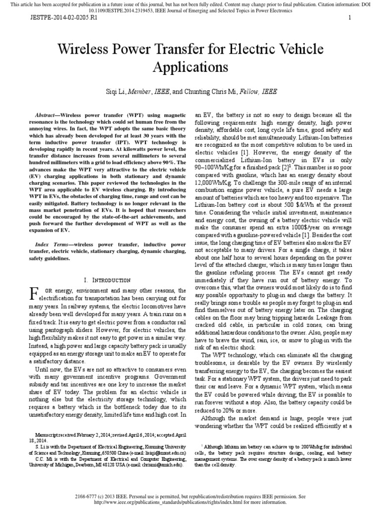 Wireless Power Transfer for EV Charging | PDF | Electric Vehicle | Inductor