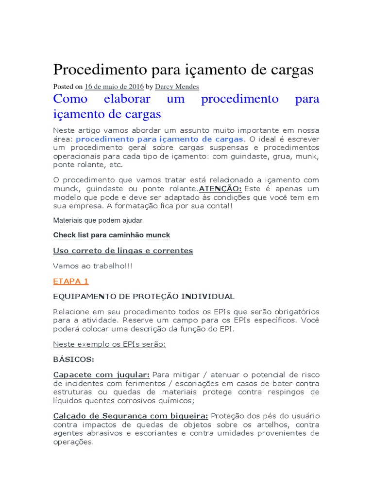 Procedimento Para Içamento de Cargas Capacete Guindaste (Máquina)