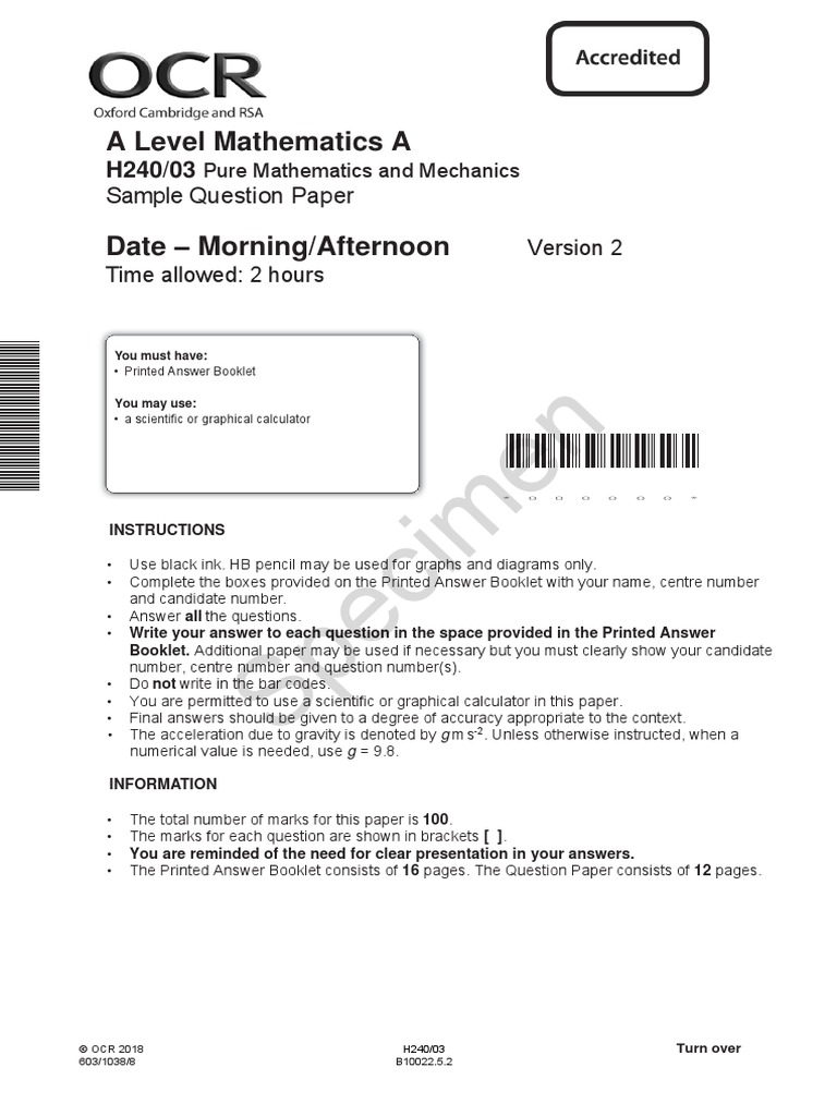 A Level Mathematics A Sample Paper | PDF | Accuracy And Precision | Force