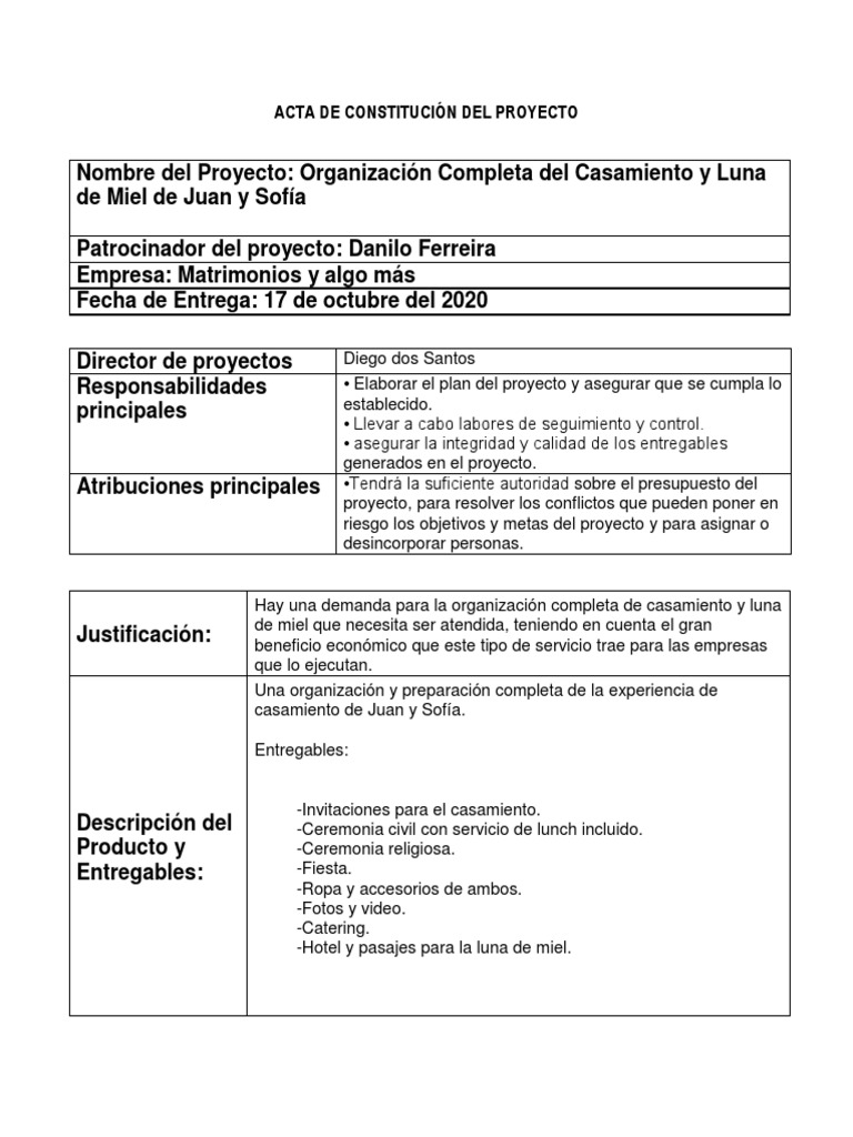 Acta de Constitución del Proyecto de Boda | PDF | Presupuesto | Economias