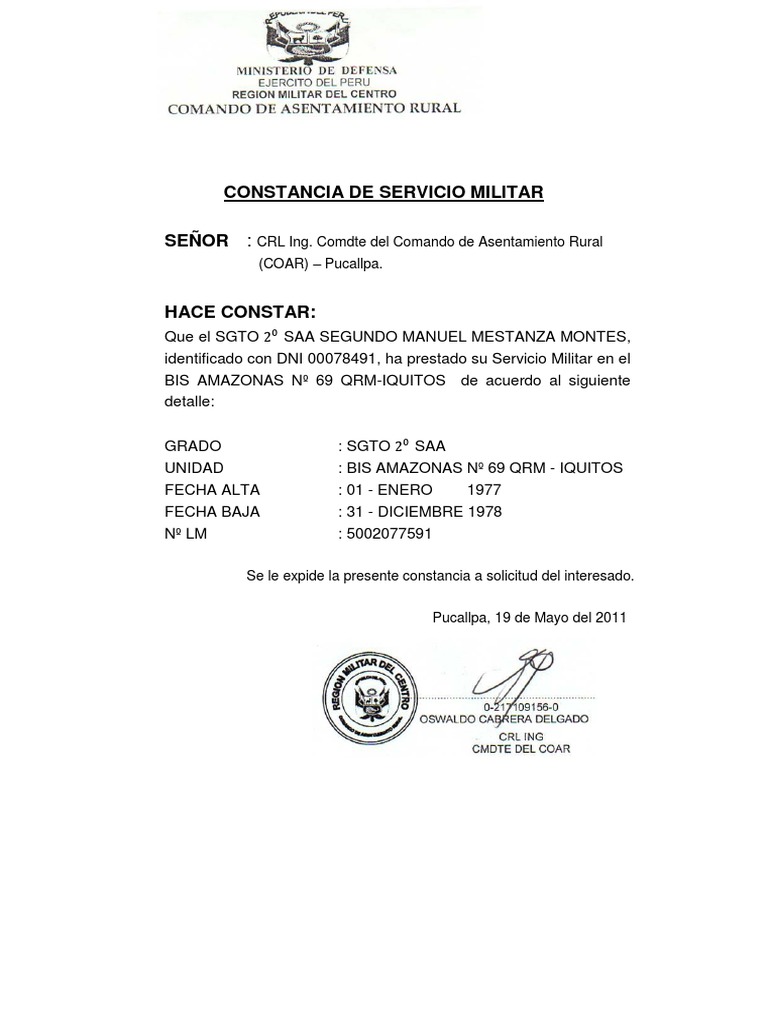 Constancia de Servicio Militar | PDF