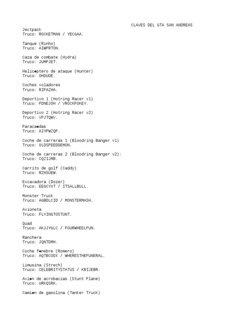 Claves Del GTA San Andreas PDF Ocio Arsenal