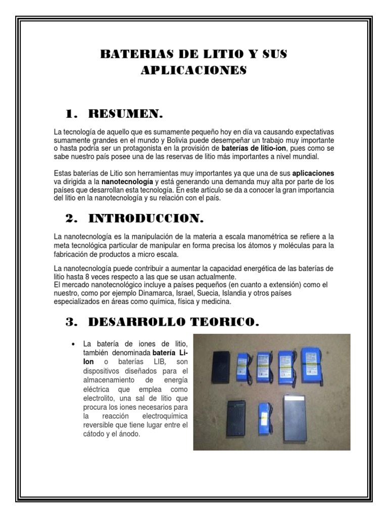 Baterias de Litio y Sus Aplicaciones | PDF | Batería de iones de litio ...