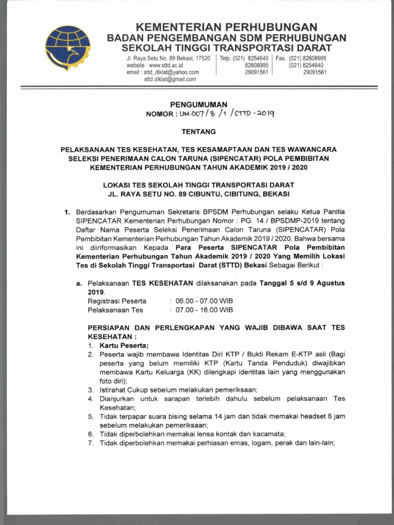 Pengumuman Tes Kesehatan Tes Kesamaptaan Dan Tes Wawancara 2019