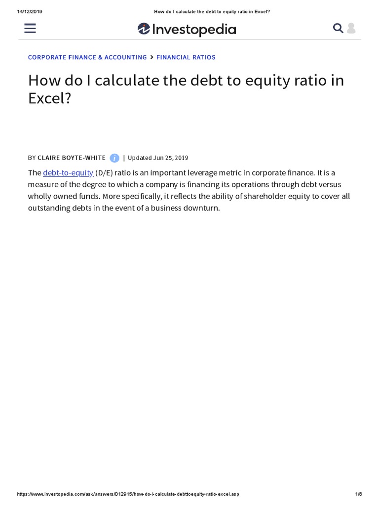 How Do I Calculate The Debt To Equity Ratio In Excel Leverage Finance Debt