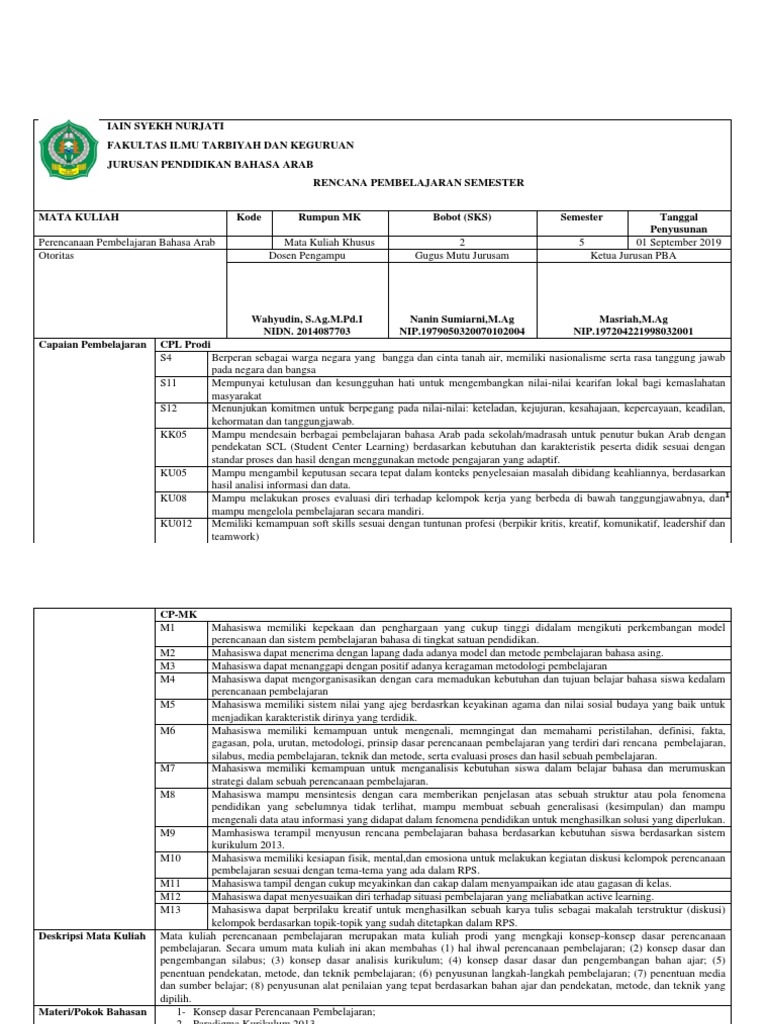 Rps Rencana Pembelajaran Bahasa Arab Fix