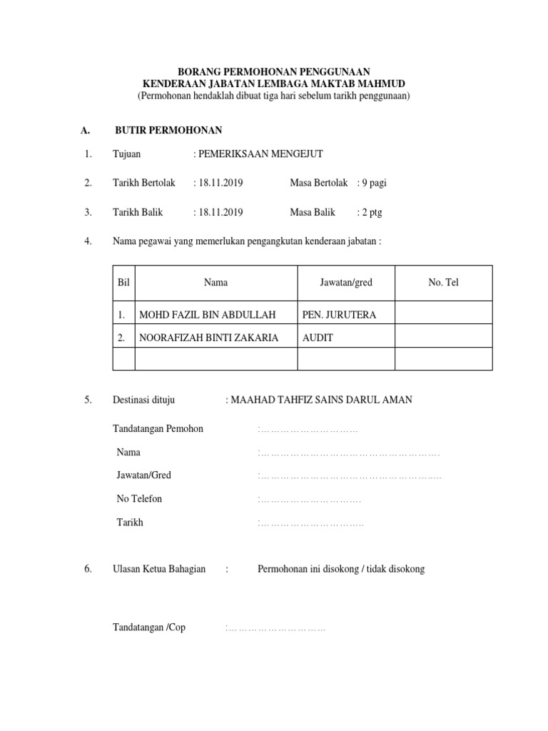 Borang Permohonan Penggunaan Kenderaan | PDF