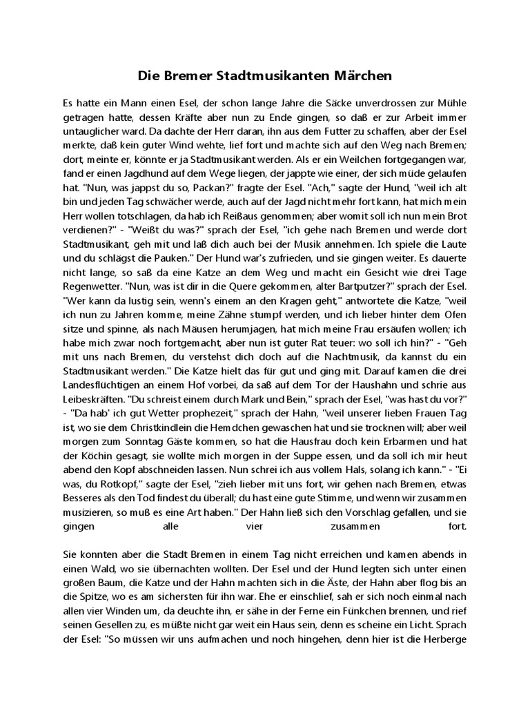 Die Bremer Stadtmusikanten Text Docx