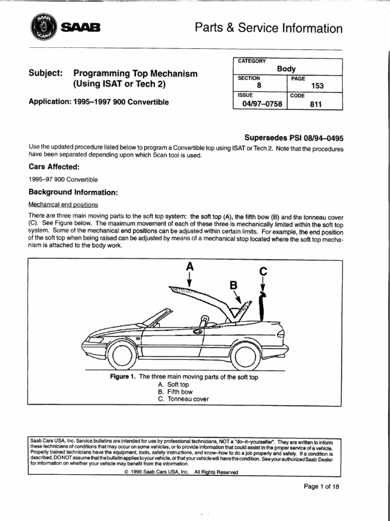 SAAB 900 NG 19931998 Convertible Top Mechanism Programming Guide English PDF
