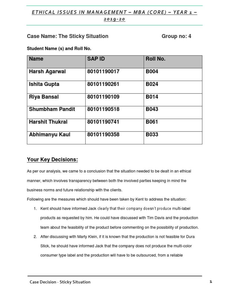 Sticky Situation_Ethics Case Analysis | Economies | Business