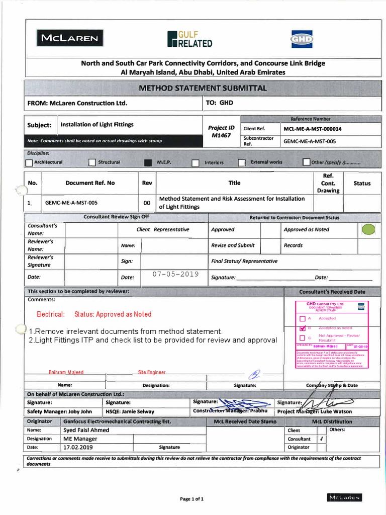 Light Fittings Installation Method Statement | PDF | Personal ...