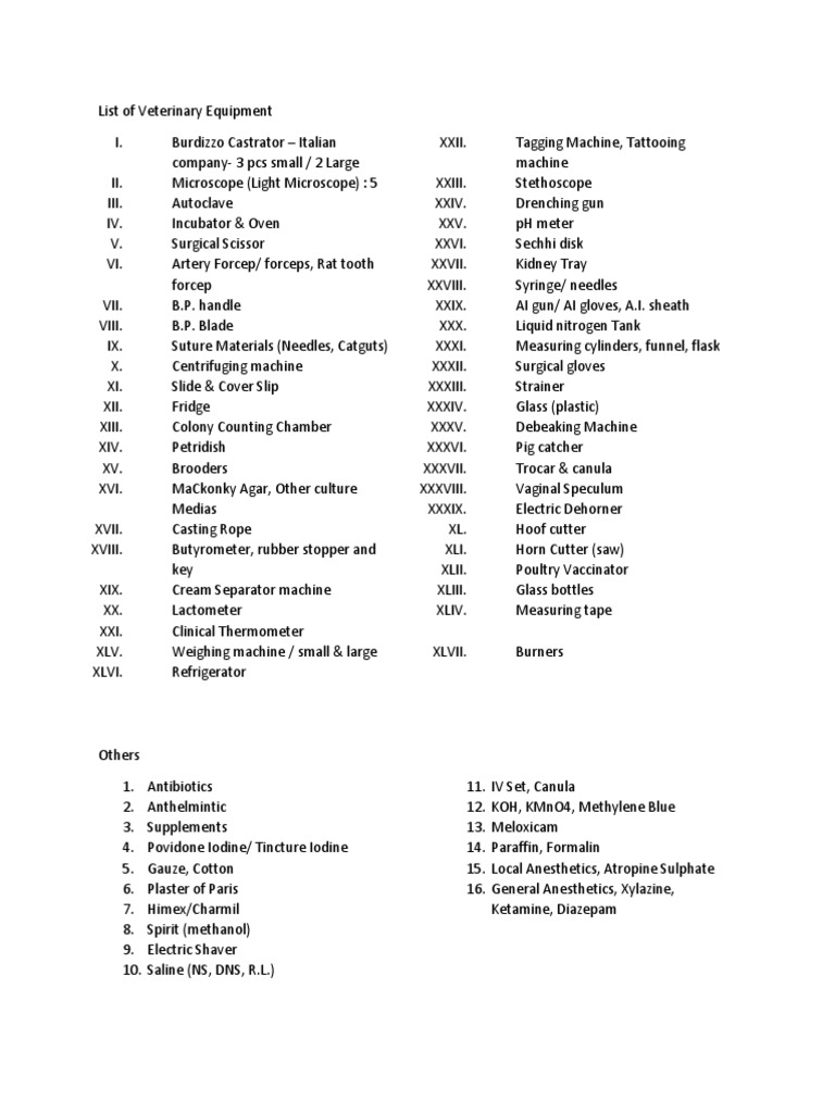 List of Veterinary Lab Equipments PDF Equipment Nature