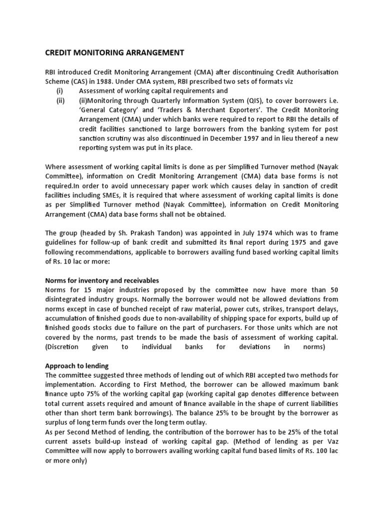 RBI Introduced Credit Monitoring Arrangement | PDF | Banks | Working ...