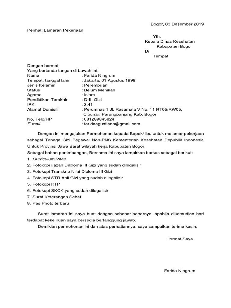 Surat Lamaran Dinkes Kabupaten Bogor