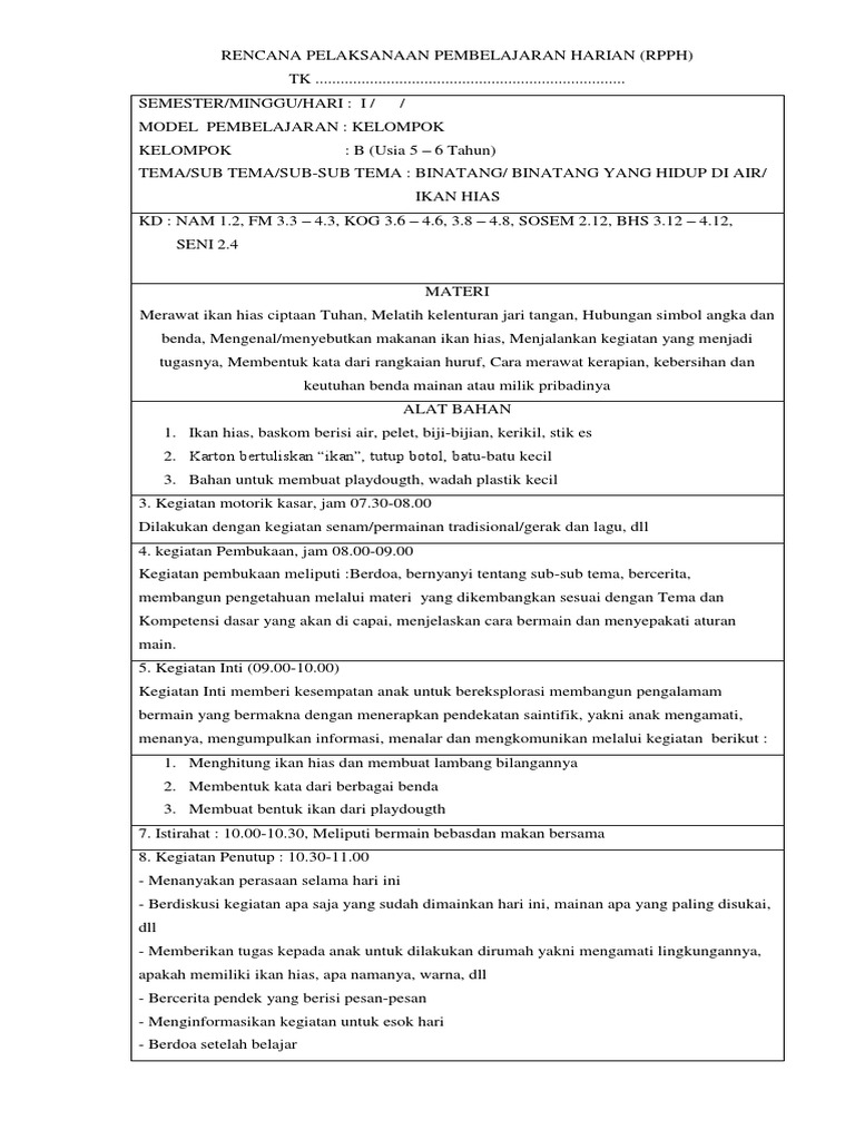 RPPH Tema Binatang: Ikan Hias TK B | PDF