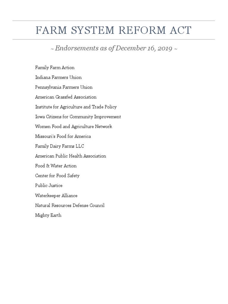 Farm System Reform Act Endorsements PDF