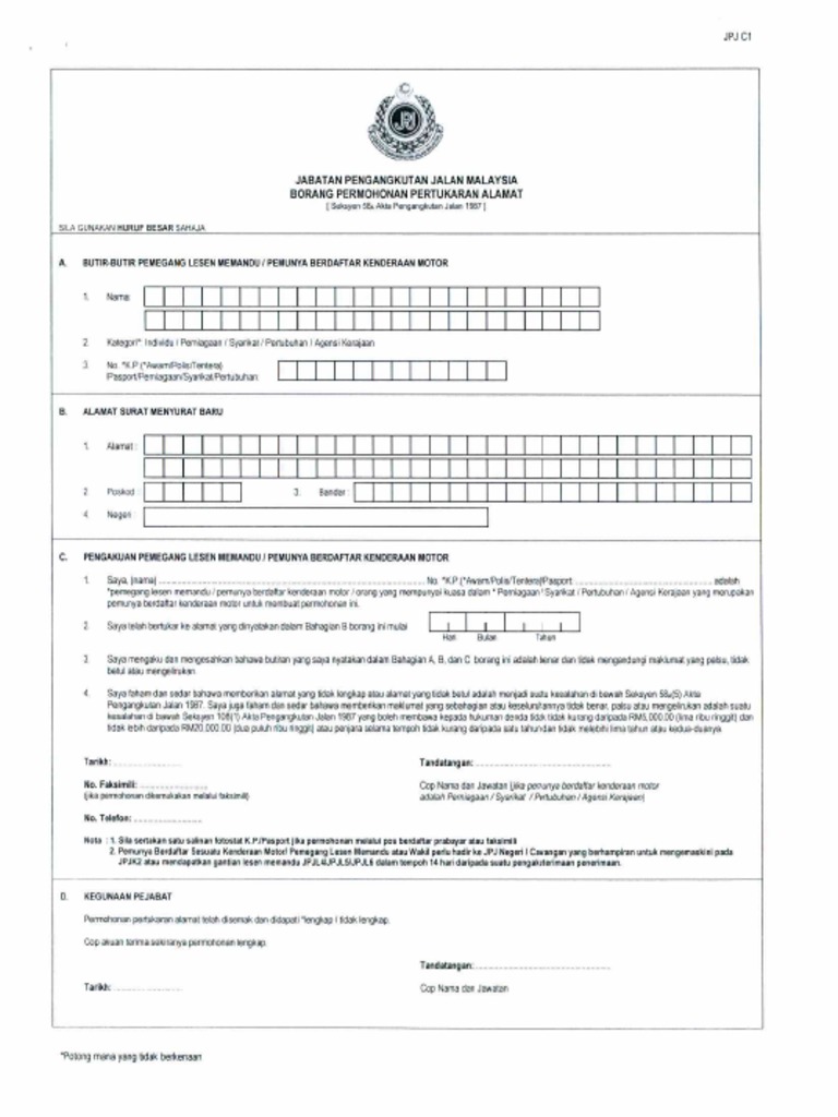 Borang Permohonan Pertukaran Alamat Jpj C1 Pdf