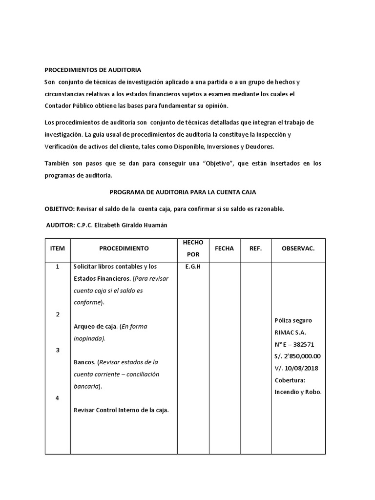 Procedimientos de Auditoria | PDF | Activo fijo | Auditoría