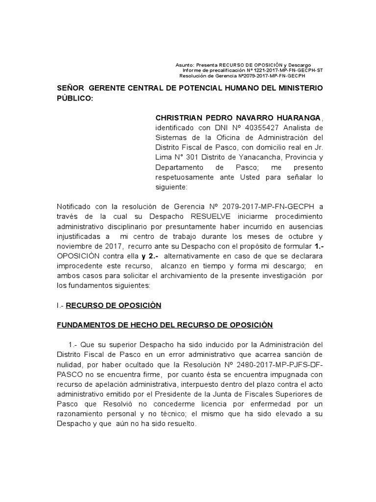 Oposición A Inicio De Procedimiento Administrativo Disciplinario Con