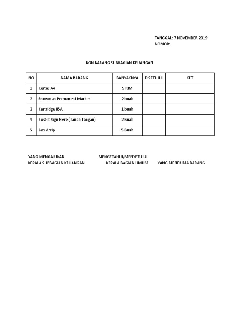Contoh Bon Barang untuk Keuangan | PDF