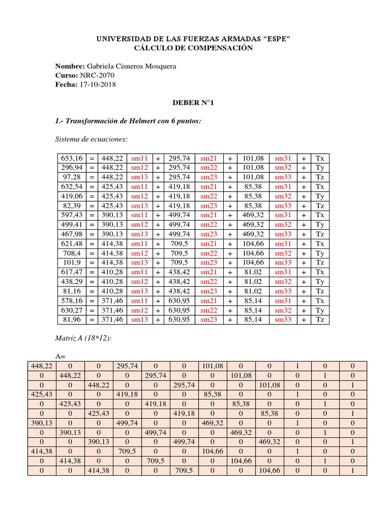 Cálculo de Compensación en Transformaciones Helmert | PDF | Matriz ...