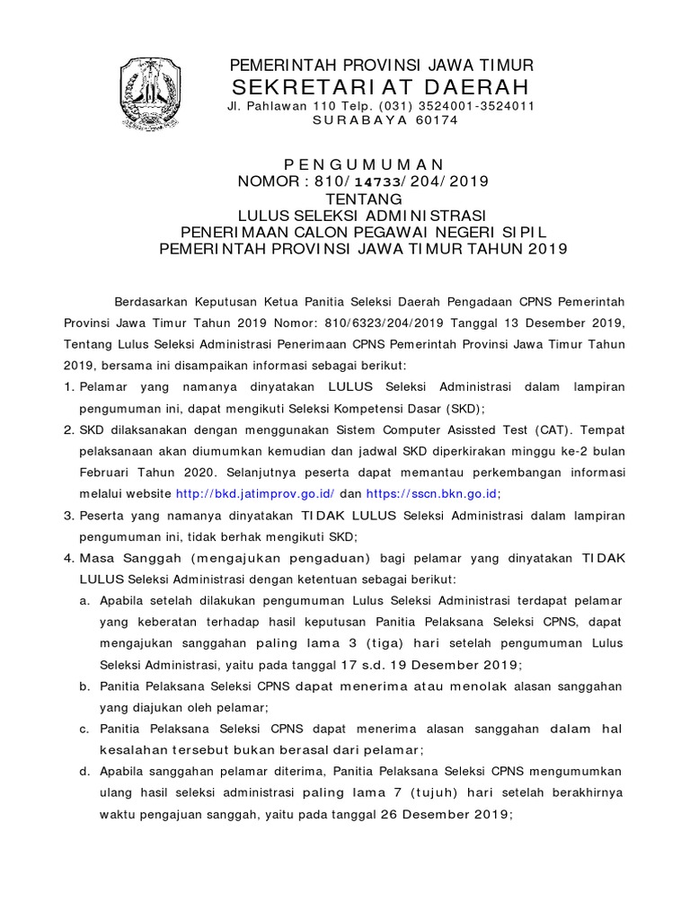 Pengumuman Lulus Seleksi Administrasi Cpns 2019 Pdf