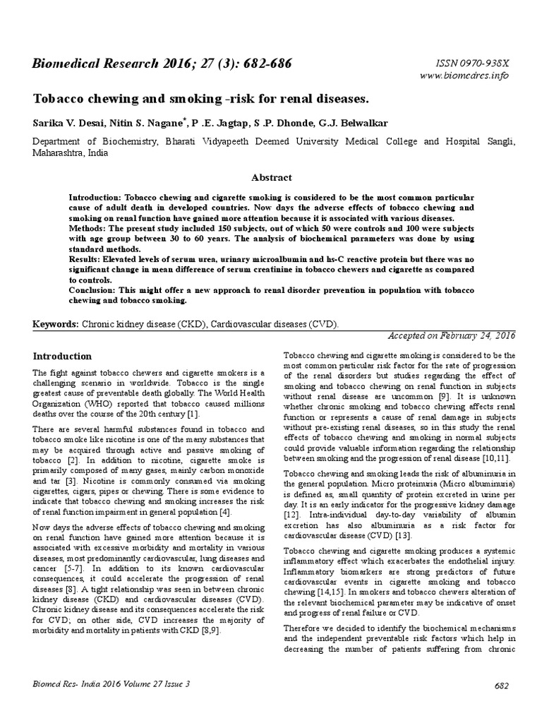 Tobacco Chewing and Smoking Risk For Renal Diseases PDF Chronic