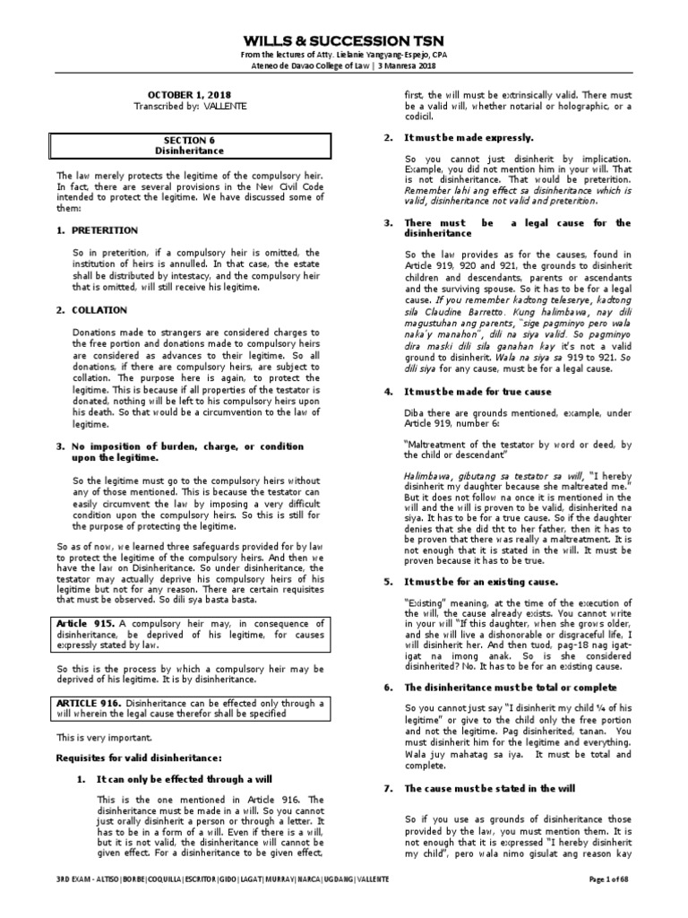 Sucession Exam 2018 | PDF | Intestacy | Will And Testament
