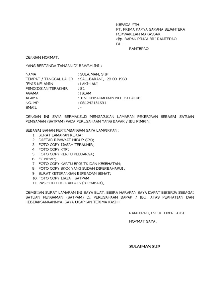 Download 61+ Contoh Surat Lamaran Kerja Jadi Satpam Gratis