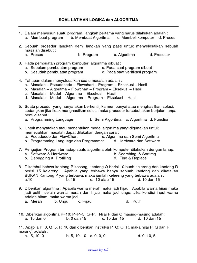 SOAL LATIHAN LOGIKA Dan ALGORITMA (RDT) | PDF
