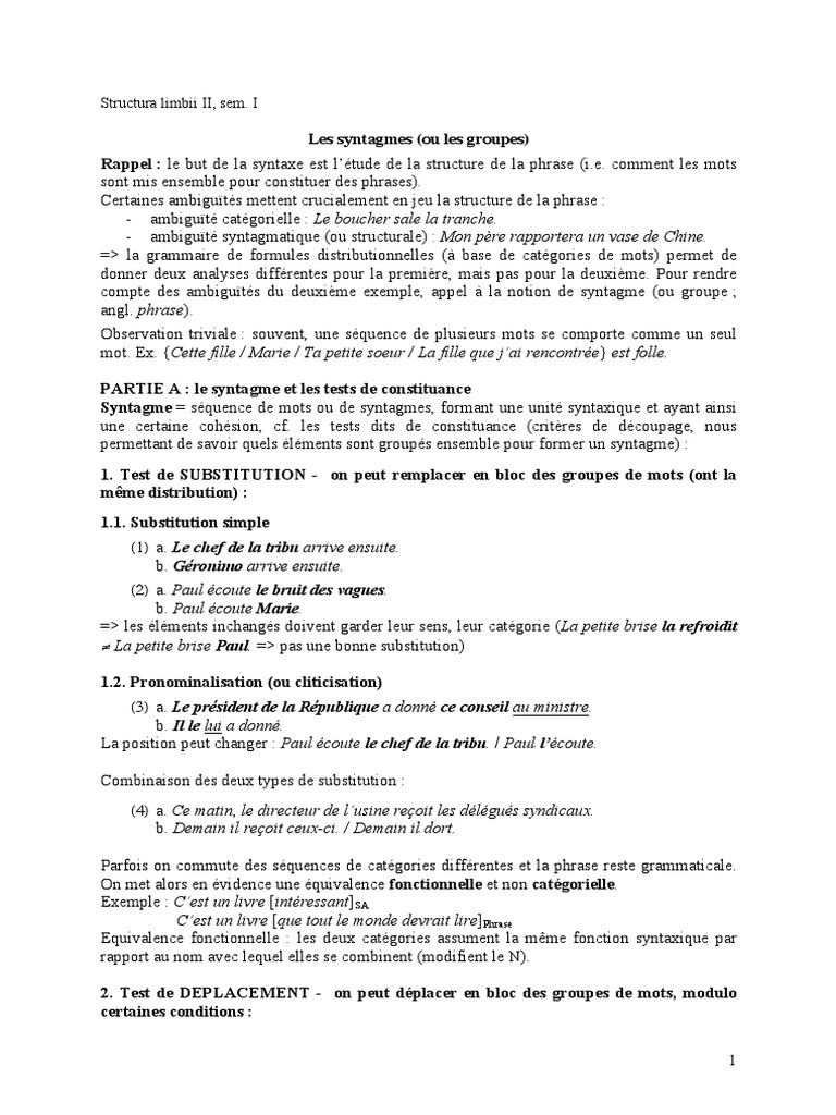 Syntagmes : Définition et Tests Syntaxiques | PDF | Phrase | Pronom