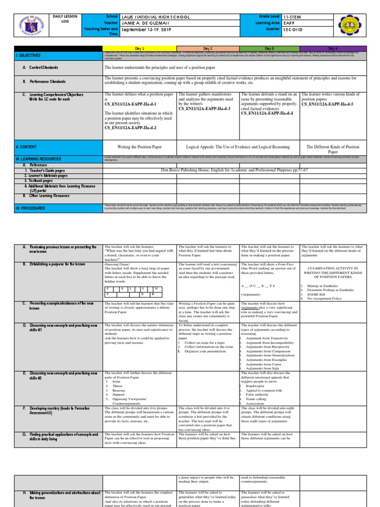 Grade 11 Position Paper Lesson Plan | PDF | Argument | Learning