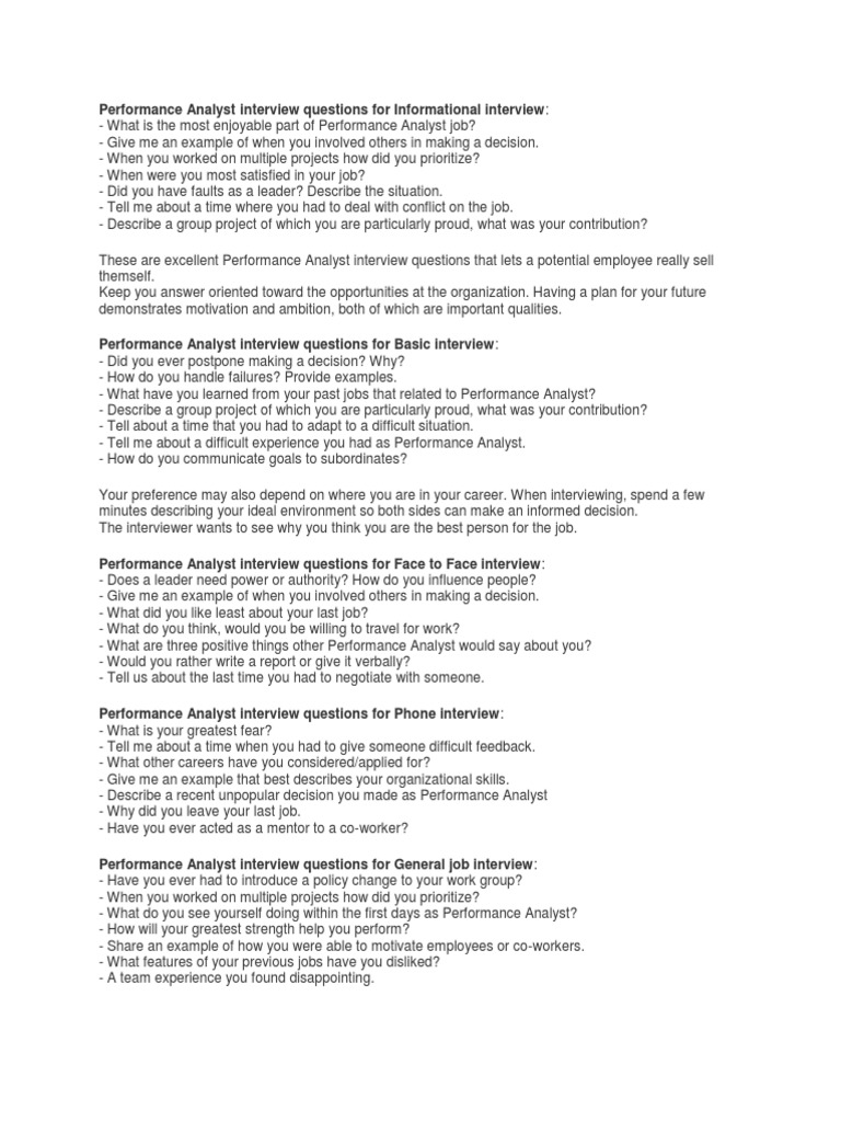 Performance Analyst Interview Questions For Informational Interview PDF Interview Employment