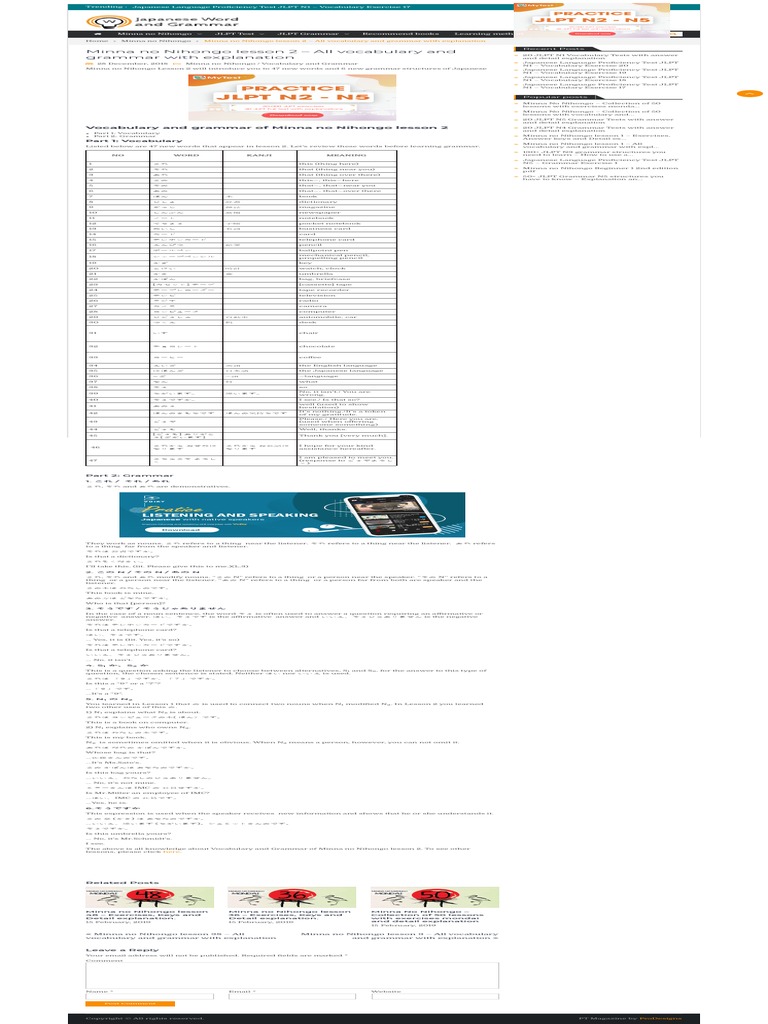 Minna No Nihongo Lesson 2 All Vocabulary And Grammar With Explanation Pdf Pdf Linguistic Typology Semiotics
