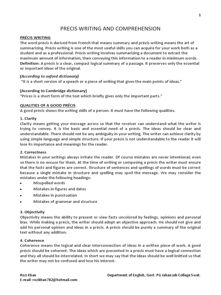 Précis Writing and Comprehension Guide | PDF | Reading Comprehension ...