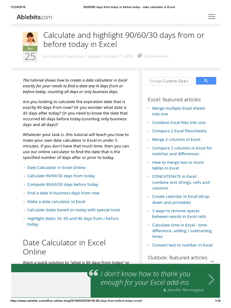 30 60 90 Days From Today Or Before Today Date Calculator In Excel Microsoft Outlook Microsoft Excel
