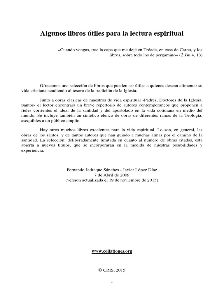 Algunos Libros útiles Para La Lectura Espiritual Pdf Iglesia