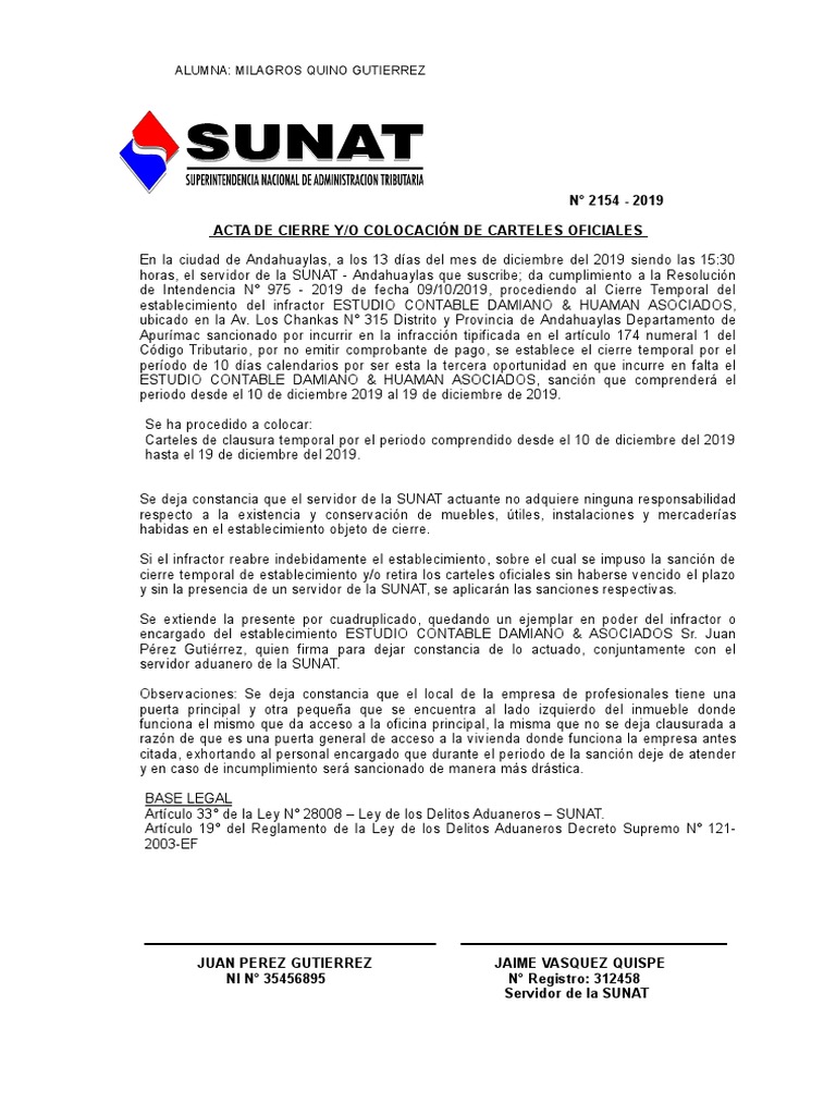 Acta de Cierre Temporal SUNAT Andahuaylas | PDF | Justicia | Crimen y ...