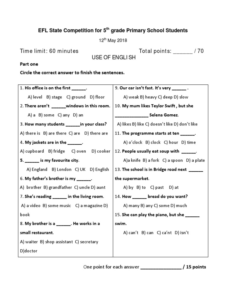 2018 State 5th Grade Use of English | PDF