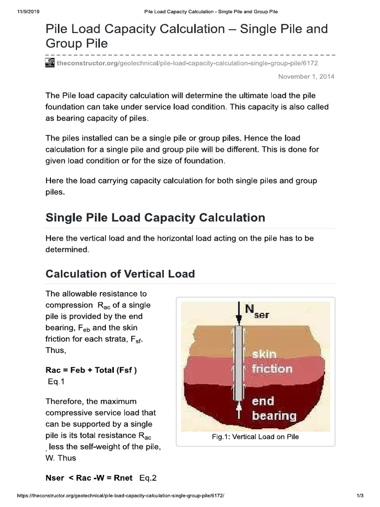 Pile Load Capacity Calculation - Single Pile and Group Pile | PDF