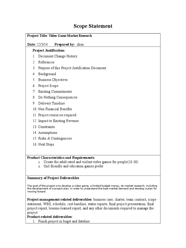 Video Game Market Research Scope Statement | PDF