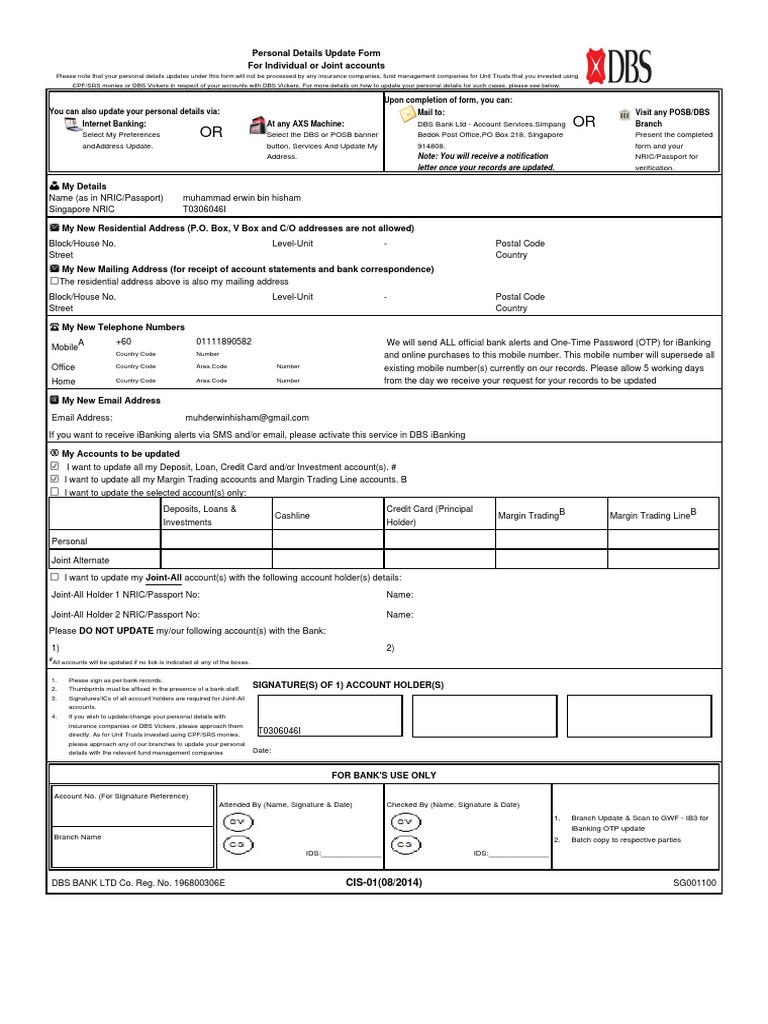 DBS Personal Details Update Form | PDF | Mail | Banks