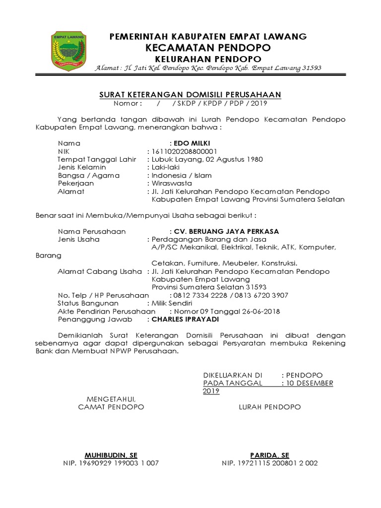 Surat Keterangan Domisili Perusahaan