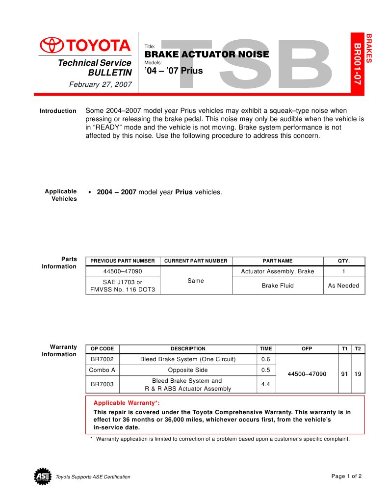 '04 '07 Prius Technical Service Bulletin Brake Actuator Noise PDF