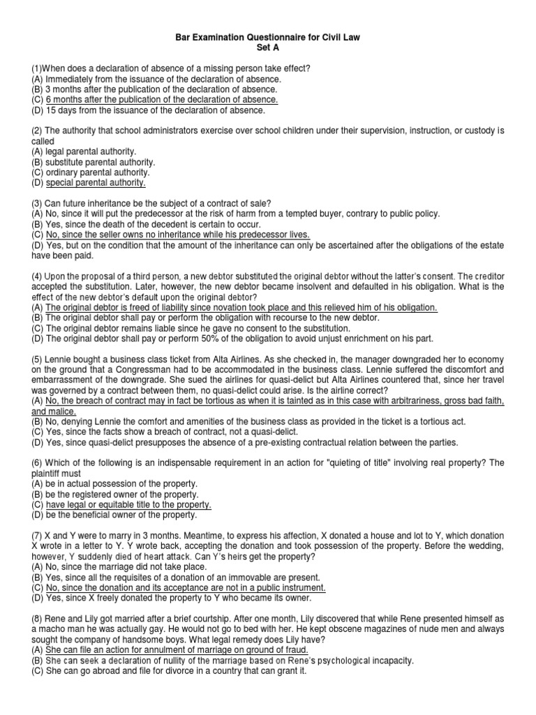 Bar Examination Questionnaire For Civil Law PDF Marriage Mortgage Law