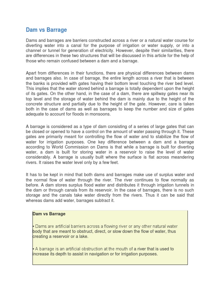 Key Differences Between Dams and Barrages PDF Dam Reservoir